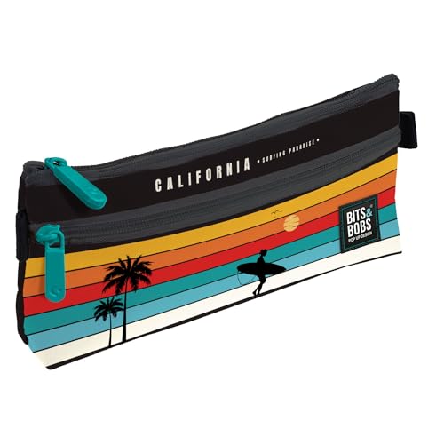 Grafoplas Flaches Federmäppchen für die Schule, 2 Taschen, 23 x 10 cm, Fächer mit Reißverschluss, leicht zu öffnen, Bits & Bobs Pop Up Design, Schwarz, 23x10cm, Kalifornien von Grafoplás