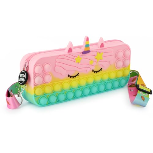 Grafoplás Pop It Silikon-Etui, Einhorn-Bubbles | Bits and Bobs | 20 x 8 x 3,8 cm | weich und flexibel | verstellbares Umhängeband zum Entfernen von Stressabbau für Kinder | 1 Fach, Fuchsia, Rosa, Gelb von Grafoplás