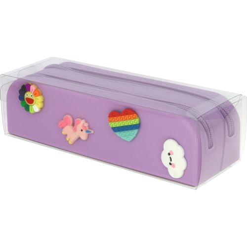 Grafoplás Stifteetui aus Silikon für Bits & Bobs | 2 Fächer | 20 x 5,5 x 6,5 cm | Farbe Lavendel Pastell | enthält 8 austauschbare Pins | beidseitig verziertes Schulmaterial, Lavendelfarben, von Grafoplás