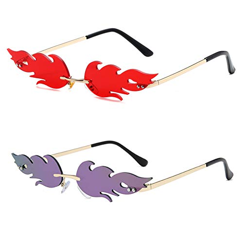 Grainas Retro Flamme Form Sonnenbrille für Damen Herren Randlose Brille Ultraleicht Metall Brillenfassungen Verspiegelt Sunglasses UV400-Schutz (Lila + Rot) von Grainas