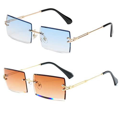 Grainas Retro Randlose rechteckige Sonnenbrille für Damen Herren getönte Gläser Gold Metall rahmenlose quadratische Brille Vintage Brille, Braun + Blau, M von Grainas