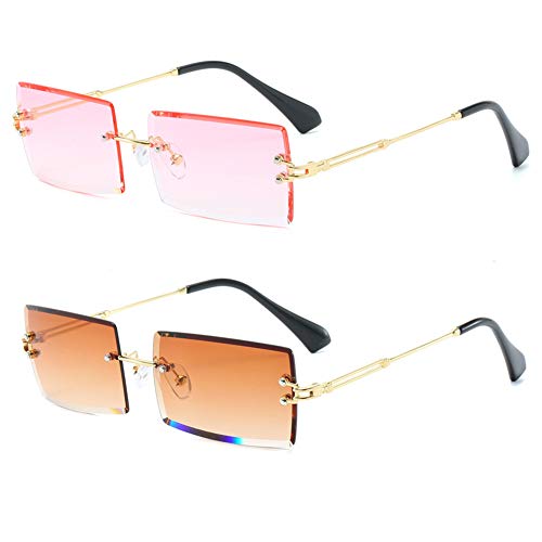 Grainas Retro-Sonnenbrille, randlos, rechteckig, für Damen und Herren, getönte Gläser, goldfarbenes Metall, rahmenlos, quadratische Brille, Vintage-Brille, Braun + Rosa, M von Grainas