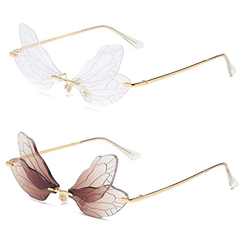 Grainas Schmetterling Randlose Sonnenbrille für Damen Mode Frauen Gold Metall Ultraleicht Rahmen Sunglasses Vintage Brille UV400-Schutz (Braun + Transparent) von Grainas