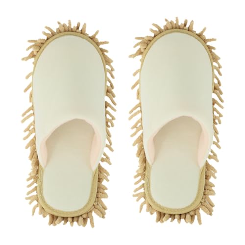 Gralara Wischmopp Hausschuhe Staubwischschuhe Reinigungspantoffeln Bodenwischschuhe Putzschuhe Aus Weichem Chenille Plüsch Waschbar mit Abnehmbarer Sohle für, Beige von Gralara