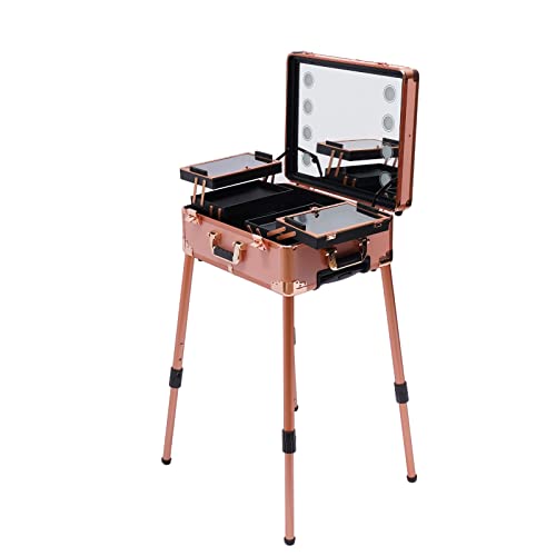 Professioneller Kosmetikkoffer, 22in Rose Gold Kosmetikkoffer Trolley Schminkkoffer Einstellbare Höhe mit 4 Universal-Räder 8 LED-Lampen Max. Tragfähigkeit 50kg von GramStudio