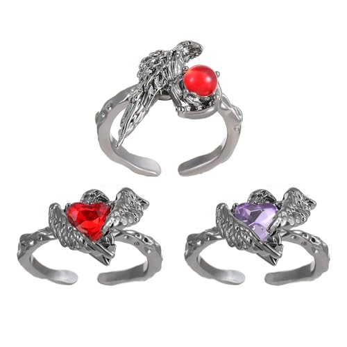 Gramigg Gothic Crow Inspirierte Ringe Mit Verstellbaren Offenen Band Elegante Fingerringe Für Komfort Und Vielseitige Schichtung Roter Edelsteine von Gramigg