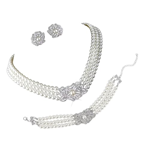 Gramigg Halskette und Ohrringe im viktorianischen Stil, mit simulierten Perlen und Zirkonia, für elegante Anlässe, österreichische Kristall-Ohrringe, Einheitsgröße, Wie beschrieben, Wie beschrieben von Gramigg