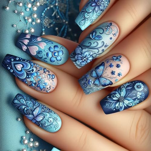 Künstliche Fingernägel zum Aufdrücken, Sarg, Blau, französische künstliche Nägel, Schmetterling, Acrylnägel, 24 Stück, zum Aufkleben für Frauen von Gramigg