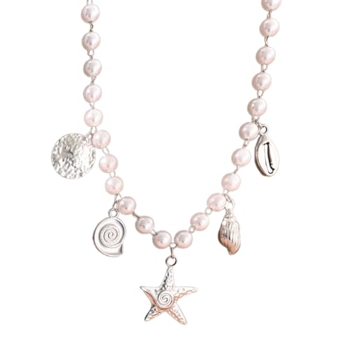 Leichte Halskette mit Seestern-Anhänger, verziert mit Kunstperlen, für den täglichen Gebrauch, Partys, Versammlungen, elegante Muschel-inspirierte Halskette für Damen, Einheitsgröße, Wie beschrieben von Gramigg