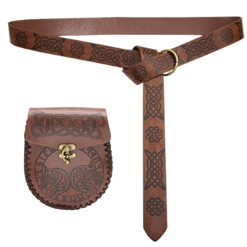 Mittelalter Kostüm Gürtel mit Münztasche Verstellbarer PU Leder Taillengürtel und Geldbörse Set Halloween Party Cosplay Zubehör, Braun a von Gramigg
