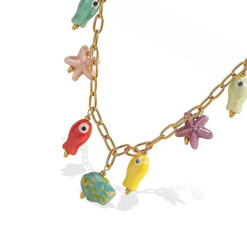 Robuste Halskette mit Meerestier-Anhänger aus Edelstahl mit bequemer Passform, Keramikakzent, für den täglichen Gebrauch, für den täglichen Gebrauch, Einheitsgröße, Wie beschrieben, Wie beschrieben von Gramigg