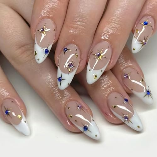Weiße French Mandel Press Auf Nails Star Designs Hochglänzende Strasssteine ​​Dekore Kleben Auf Nägeln Für Mädchen Und Frauen von Gramigg