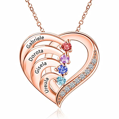 925 Sterling Silber Herz Familienname Halskette mit 4 Geburtsstein Personalisiert Kette mit Gravur 4 kindernamen Mütter Namenskette für Oma Mama Damen Weihnachten Muttertagsgeschenk von Grancey