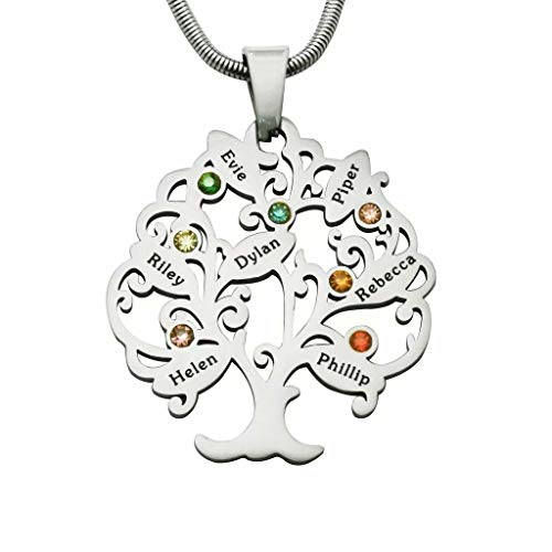 Namenskette Baum Kette mit Gravur 1 bis 7 Namen Geburtsstein Lebensbaum Anhänger Personalisiert Stammbaum Name Halskette für Familie Mutter Mama Oma, 925 Sterling Silber/Gold/Rose Gold von Grancey