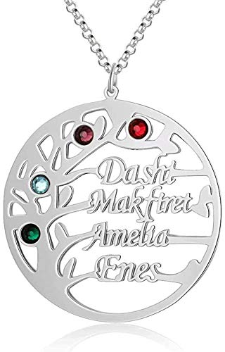 Namenskette Baum Personalisierte Lebensbaum Kette mit Gravur 4 Namen und Geburtsstein Stammbaum Runde Anhänger für Mutter Familie Oma 925 Sterling Silber Rose Gold Weihnachten Schmuck (Silber, 22.00) von Grancey