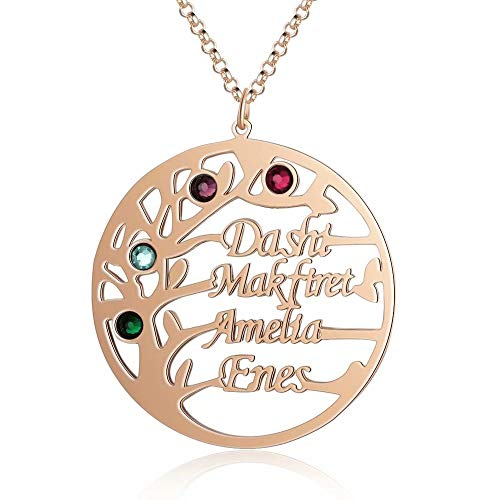 Namenskette Baum Personalisierte Lebensbaum Kette mit Gravur 4 Namen und Geburtsstein Stammbaum Runde Anhänger für Mutter Familie Oma 925 Sterling Silber Rose Gold Weihnachten Schmuck von Grancey