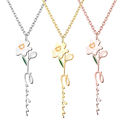 Namenskette Geburtstag Blume Kette mit Name Personalisierte Damen Blumenkette zum Geburtsmonat Anhänger Halskette mit Namen Geschenk für Mutter Tochter Frauen Mädchen Silber Rose Gold von Grancey