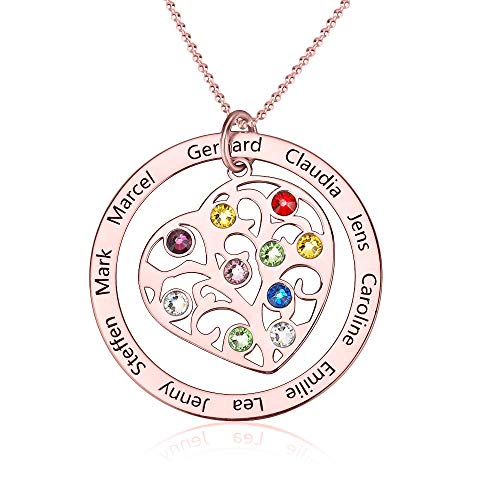 Namenskette Personalisierte 925 Sterling Silber Herz Kette mit Name Lebensbaum Halskette Stammbaum des Lebens Anhänger Gravur 1 bis 10 Kinder Namen Geburtsstein Mutter Familien Oma (Rose Gold, 55.00) von Grancey