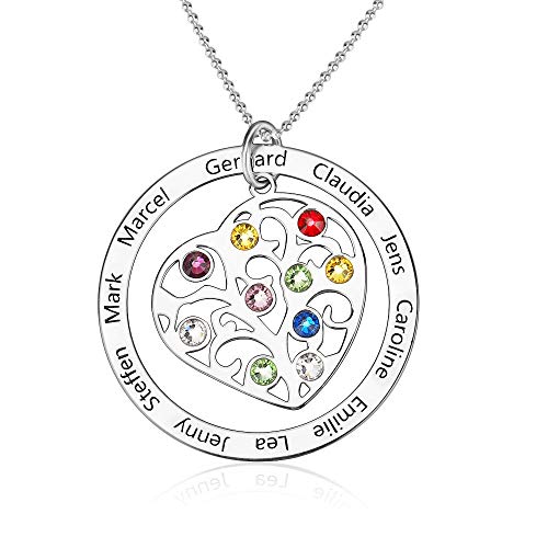 Namenskette Personalisierte 925 Sterling Silber Herz Kette mit Name Lebensbaum Halskette Stammbaum des Lebens Anhänger Gravur 1 bis 10 Kinder Namen Geburtsstein Mutter Familien Oma von Grancey