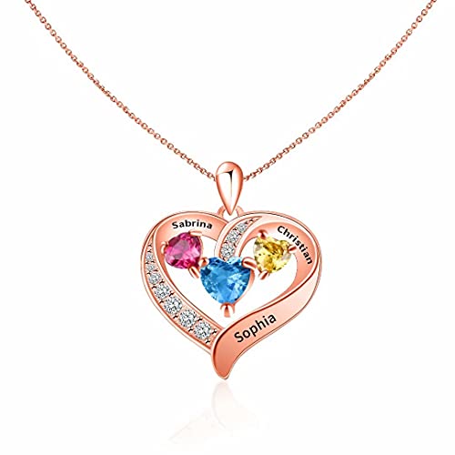 Personalisiert Herzkette Namenskette 3 Kinder Name Gravur Kette mit Wunschnamen Geburtsstein Herz Halskette Mama Familienkette für Familie Mütter Damen Mädchen 925 Sterling Silber Roségold von Grancey