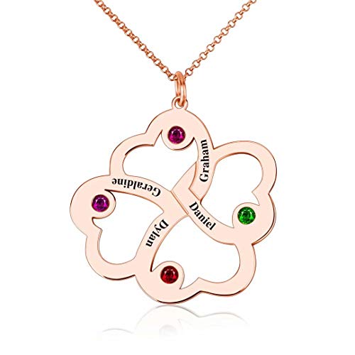 Personalisiert Herzkette Namenskette 4 kinder Name Gravur Kette mit Wunschnamen Geburtsstein Herz Halskette Mama Familienkette für Familie Mütter Damen Mädchen 925 Sterling Silber Roségold von Grancey