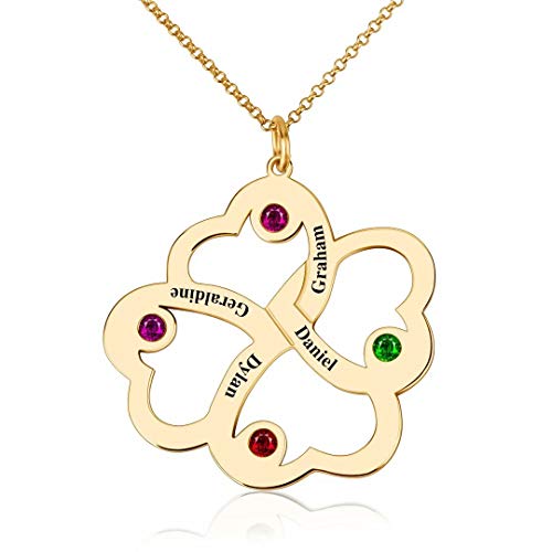 Personalisiert Herzkette Namenskette 4 kinder Name Gravur Kette mit Wunschnamen Geburtsstein Herz Halskette Mama Familienkette für Familie Mütter Damen Mädchen 925 Sterling Silber Roségold von Grancey