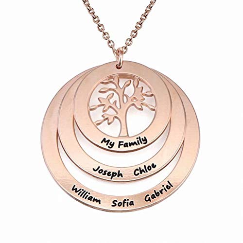 Personalisiert Mütter Namenskette Baum mit Gravur 1 bis 9 Kinder Namen Halskette Lebensbaum Rund Anhänger für Familie Mama Oma Damen in 925 Sterling Silber Rose Gold Vergoldet von Grancey