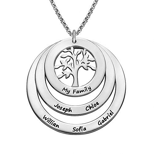 Personalisiert Mütter Namenskette Baum mit Gravur 1 bis 9 Kinder Namen Halskette Lebensbaum Rund Anhänger für Familie Mama Oma Damen in 925 Sterling Silber Rose Gold Vergoldet von Grancey