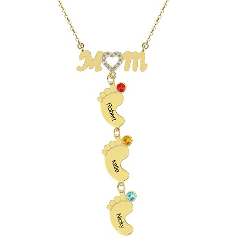 Personalisierte Babyfuss Namenskette der Mutter Mit Geburtsstein und 1/2/3/4/5 Name Diamantbesetzt Babyfüße Anhänger Graviert Halskette für Familie Mama Oma Damen 925 Sterling Silber Rose Gold von Grancey