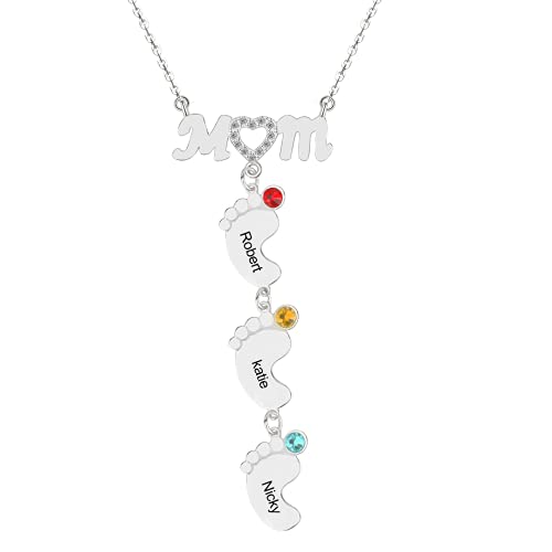 Personalisierte Babyfuss Namenskette der Mutter Mit Geburtsstein und 1/2/3/4/5 Name Diamantbesetzt Babyfüße Anhänger Graviert Halskette für Familie Mama Oma Damen 925 Sterling Silber Rose Gold von Grancey