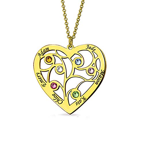 Personalisierte Herz-Familienstammbaum Birthstone-Halskette, die 6 Namen graviert - 925 Sterlingsilber-Gold Rose Vergoldung Namensschild von Grancey