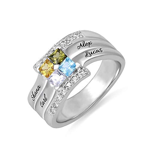 Personalisierter 4 Name Geburtsstein Ring aus 925er Sterlingsilber Rose Gold - 4 gravierte Birthstone Namensring für Familien Freund von Grancey