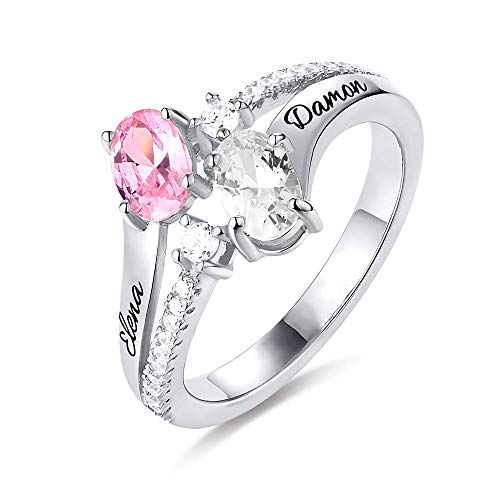 Personalisierter Zwei-Herz-Stein-Namensring aus 925er Sterlingsilber, Roségold, graviert mit doppeltem Geburtsstein Birthstone für Sie von Grancey