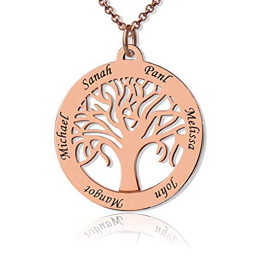 Runde Personalisiert Familie Namenskette Baum mit Gravur 1 bis 7 Namen für Mütter Mama Oma Damen in 925 Sterling Silber Rose Gold von Grancey