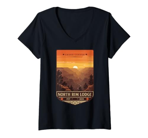 Damen Grand Canyon North Rim Lodge 1937-2025 Tribute T-Shirt mit V-Ausschnitt Damen Grand Canyon North Rim Lodge 1937-2025 Tribute T-Shirt mit V-Ausschnitt von Grand Canyon North Rim Lodge Sunset Vintage Design