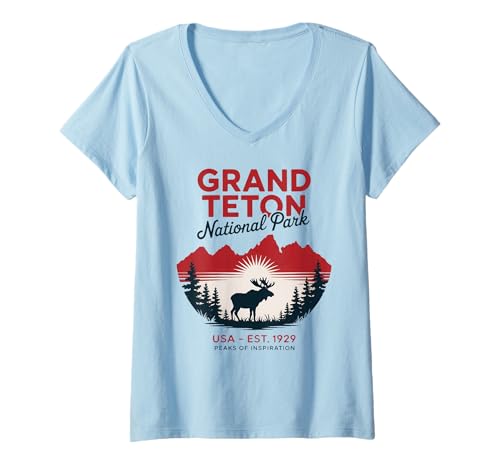 Damen Grand-Teton-Nationalpark, Wyoming, Wanderer T-Shirt mit V-Ausschnitt Damen Grand-Teton-Nationalpark, Wyoming, Wanderer T-Shirt mit V-Ausschnitt von Grand Teton Wyoming Wilderness USA EST 1929