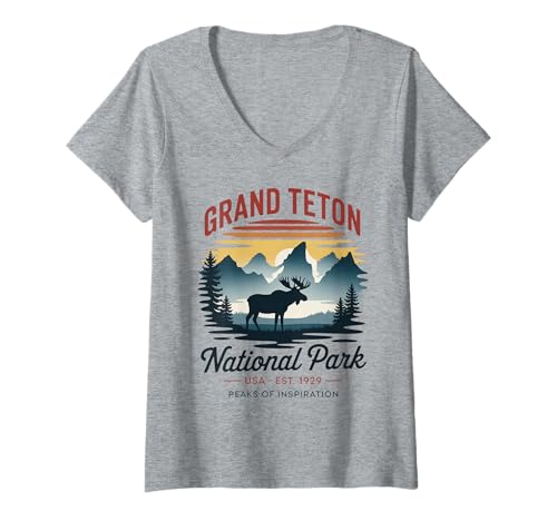 Damen Klassischer Vintage-Retro-Berg im Grand-Teton-Nationalpark T-Shirt mit V-Ausschnitt Damen Klassischer Vintage-Retro-Berg im Grand-Teton-Nationalpark T-Shirt mit V-Ausschnitt von Grand Teton Wyoming Wilderness USA EST 1929