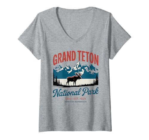 Damen Retro-Berg im Grand-Teton-Nationalpark T-Shirt mit V-Ausschnitt Damen Retro-Berg im Grand-Teton-Nationalpark T-Shirt mit V-Ausschnitt von Grand Teton Wyoming Wilderness USA EST 1929