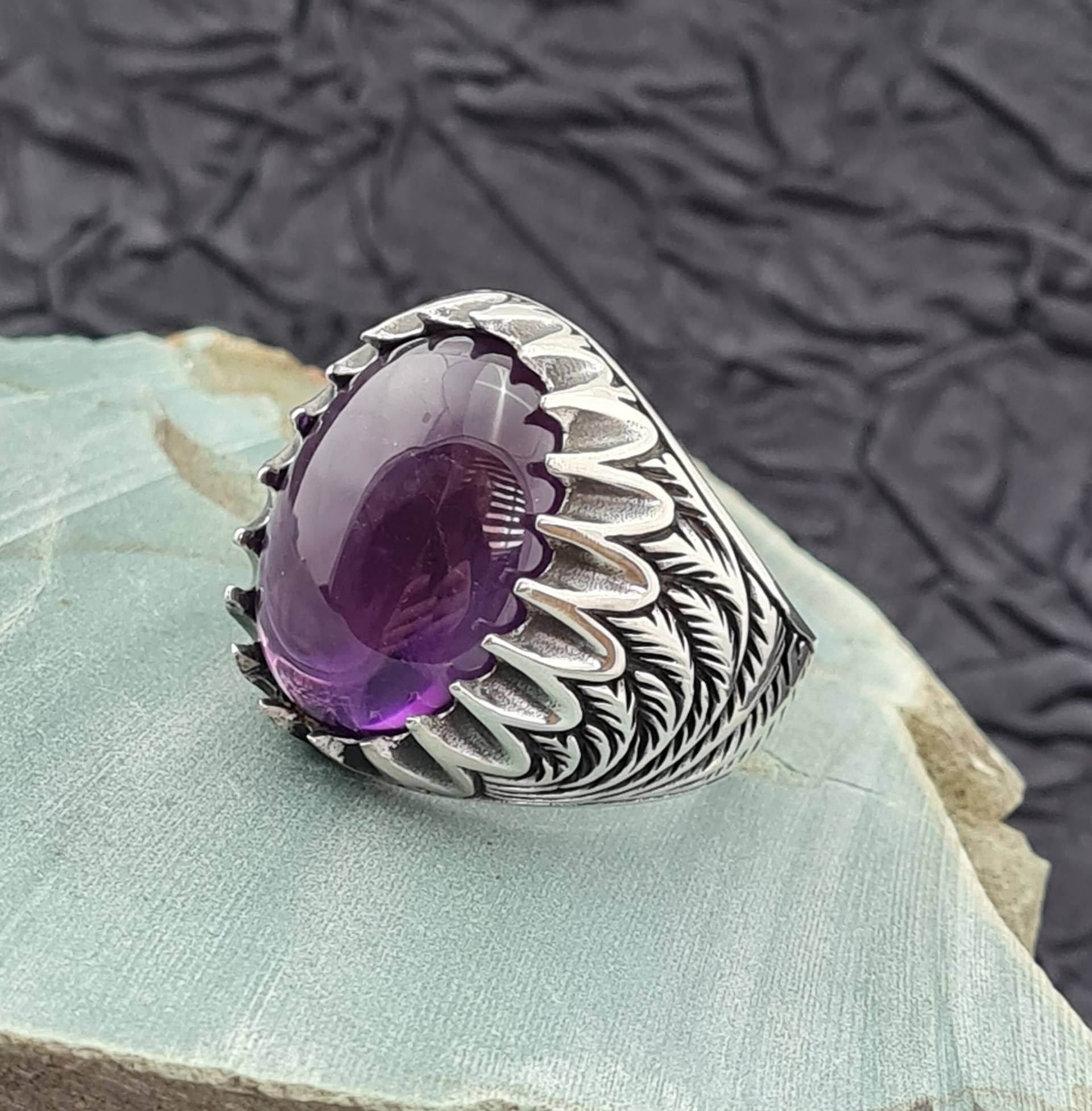 Handgemachter 925 Sterling Silber Herrenring, Natürlicher Amethyst Stein Herren Ring, Vintage Style Ring, Ovaler Edelstein Männer Ring von GrandBazaarJewels