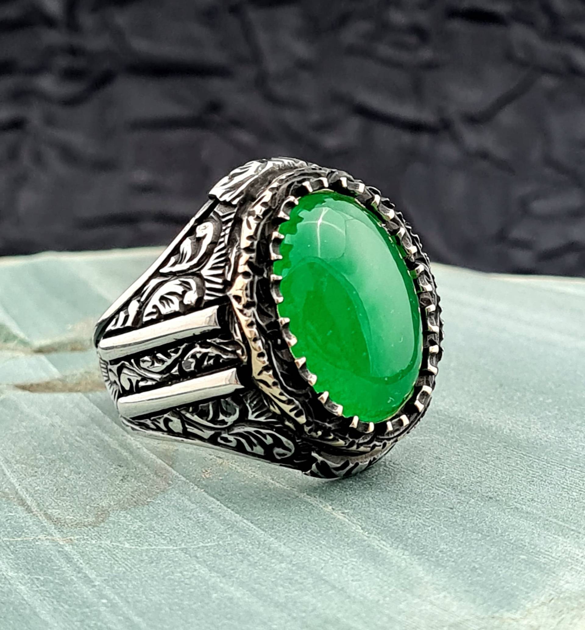 Jade Stein Herren Ring, Handgemachter 925K Sterling Silber Ring Mit Grünem Quarzit Stein, Herren von GrandBazaarJewels