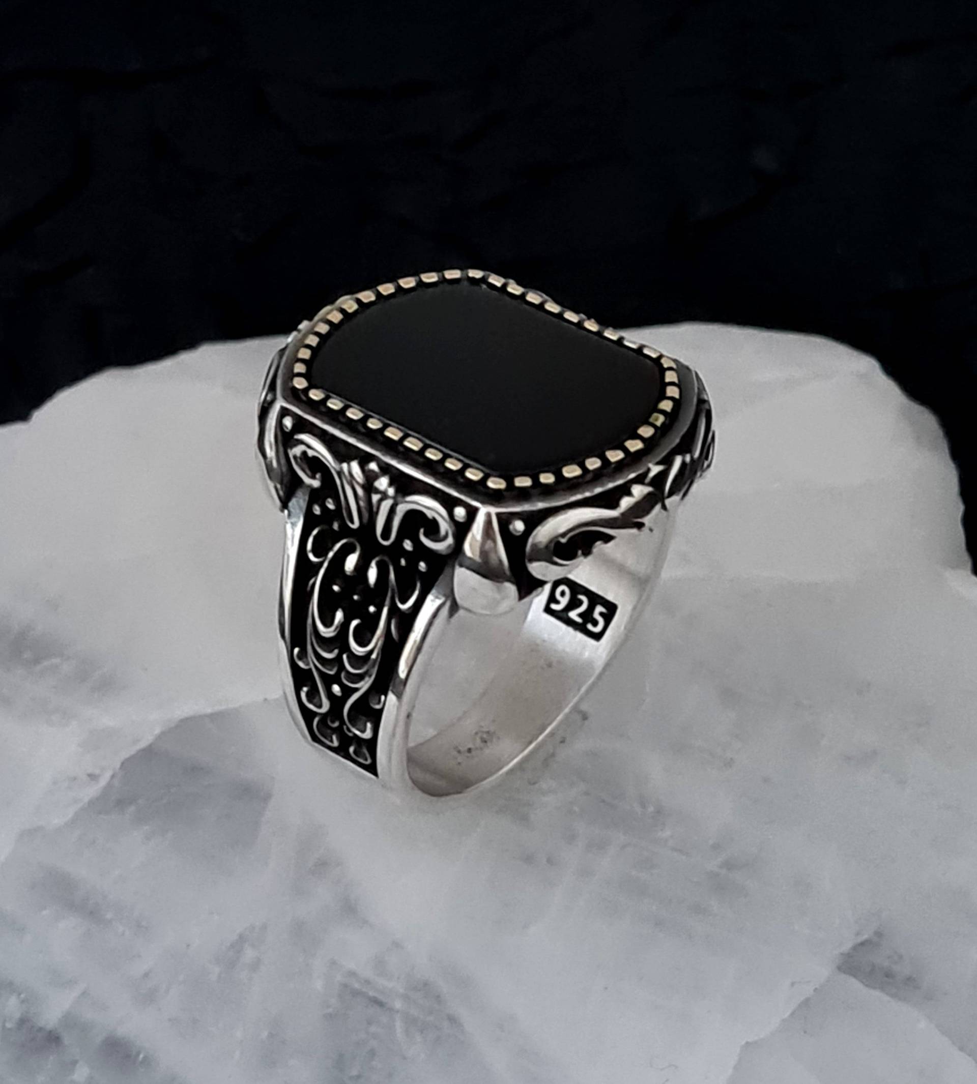 Schwarzer Onyx Stein Herren Ring, Handgefertigter 925K Sterling Silber Herrenring Mit Natürlichem Stein, Männer Ring, Unikat Männer Ring von GrandBazaarJewels