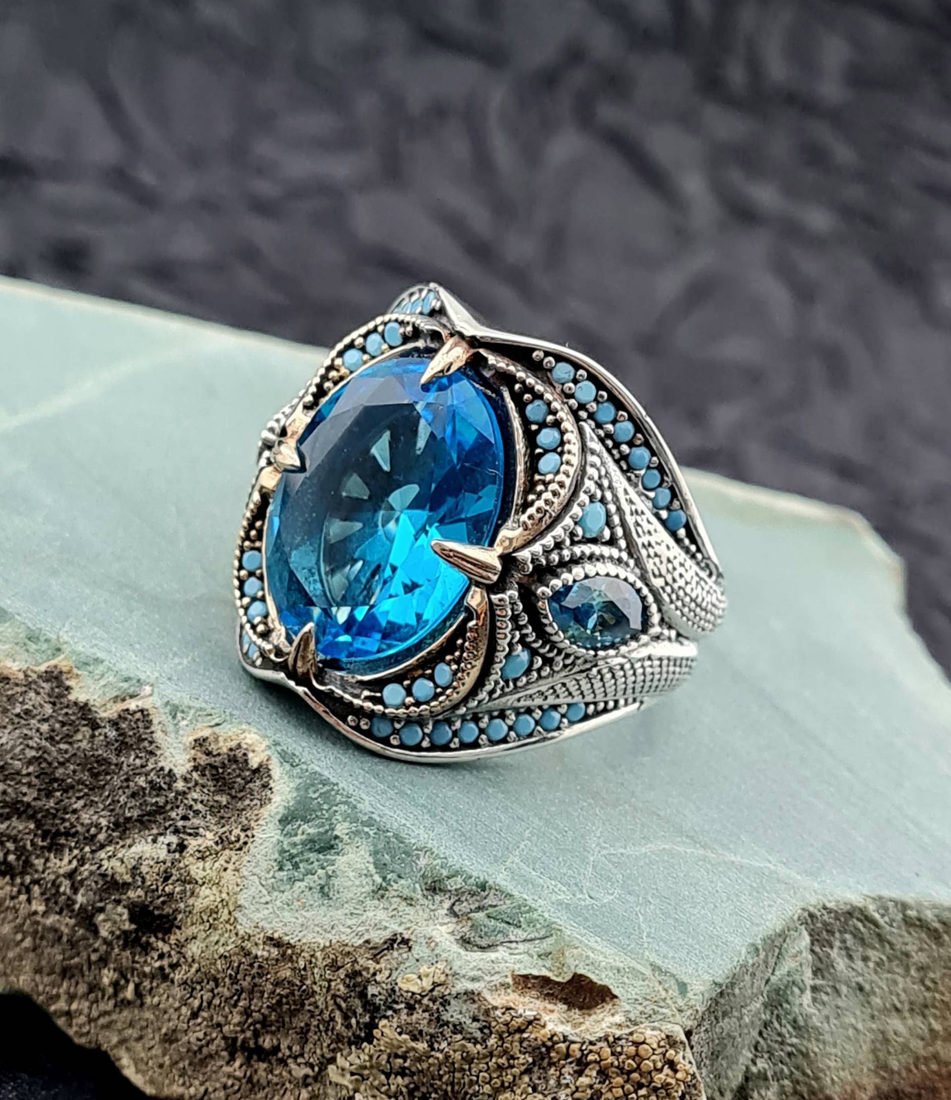 Siegelring Herren 925 Sterling Silber, Aquamarin Ring, Handgefertigt Silber, Mit Zirkonia Aquamarin Stein Mann Ring von GrandBazaarJewels