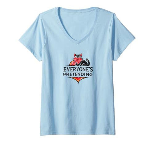Damen Jeder TUT so, als ob Schwarze Katze, rotes Herz, große Illusion T-Shirt mit V-Ausschnitt von GrandIllusion