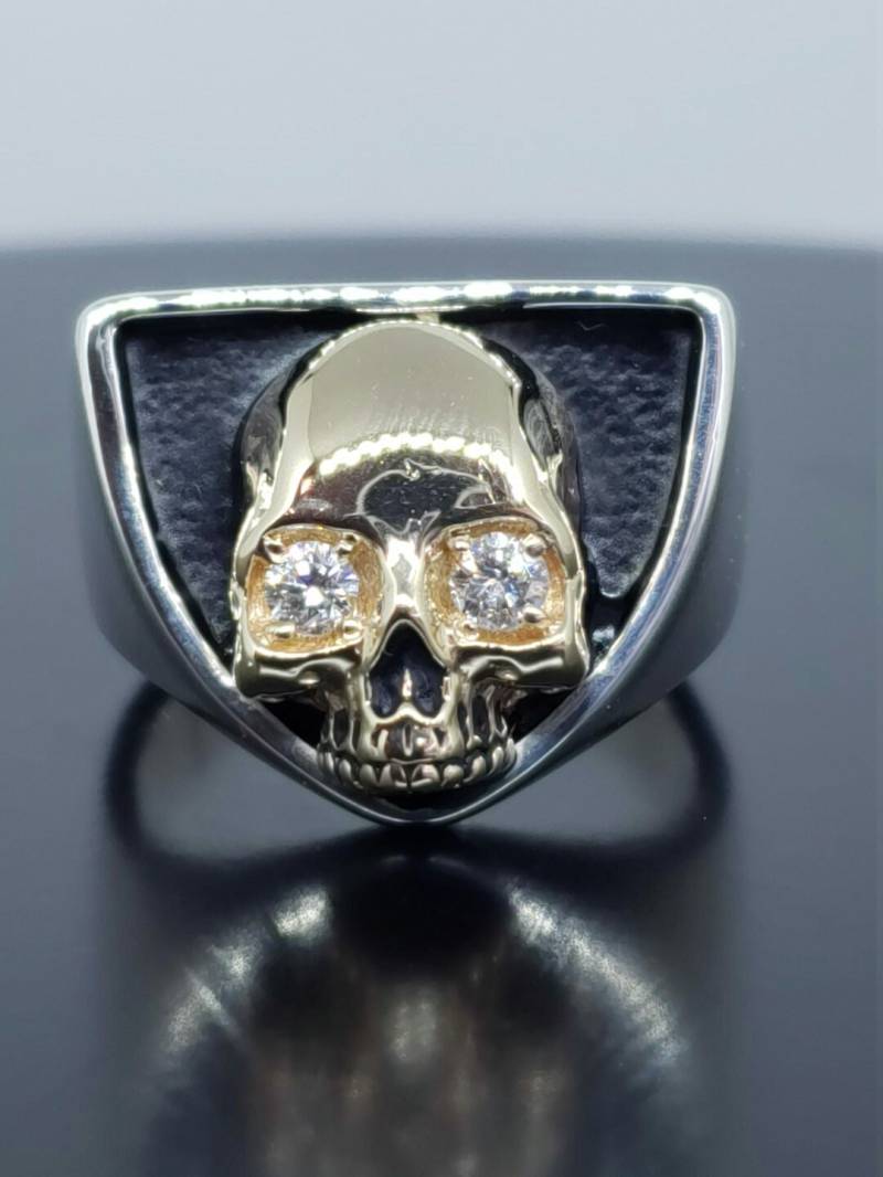 sterling Silber Und 14 K Gelbgold Schädel Ring Mit Echten Diamanten sterling Silber Und 14 K Gelbgold Schädel Ring Mit Echten Diamanten von GrandaddysJewelry