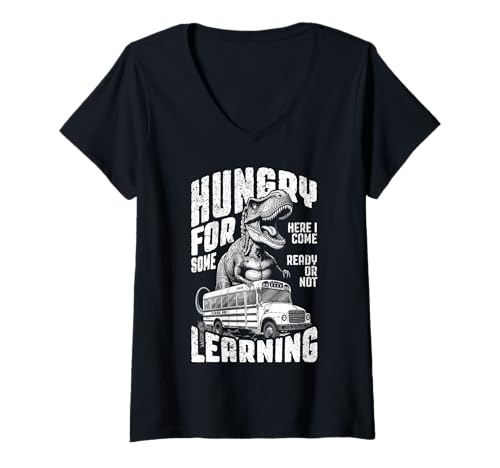Damen Trex ist am ersten Schultag mit dem Bus hungrig nach Lernen T-Shirt mit V-Ausschnitt Damen Trex ist am ersten Schultag mit dem Bus hungrig nach Lernen T-Shirt mit V-Ausschnitt von Grandio Design Back To School Teaching Gifts