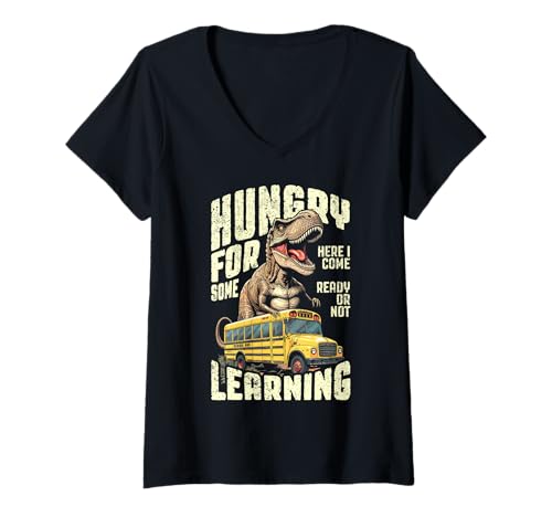 Damen Trex ist am ersten Schultag mit dem Bus hungrig nach Lernen T-Shirt mit V-Ausschnitt Damen Trex ist am ersten Schultag mit dem Bus hungrig nach Lernen T-Shirt mit V-Ausschnitt von Grandio Design Back To School Teaching Gifts