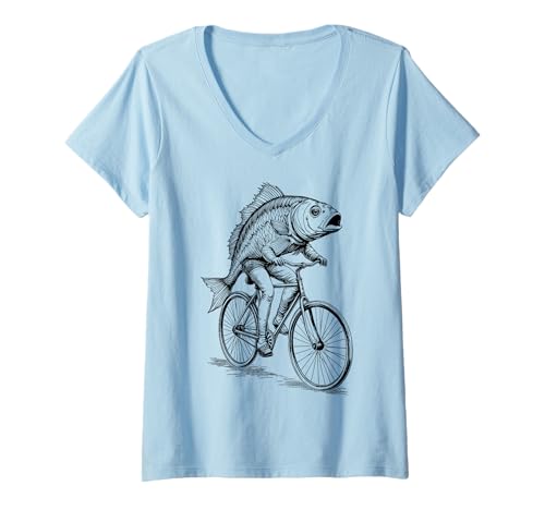 Damen Radfahren Fahrrad Fisch Barsch Vintage Radfahrer Lustig Biker Tier T-Shirt mit V-Ausschnitt von Grandio Design Bicycle Cycling Cyclist Gifts