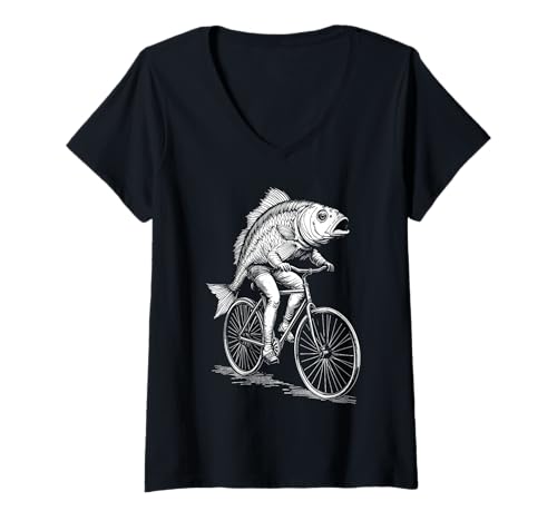 Damen Radfahren Fahrrad Fisch Barsch Vintage Radfahrer Lustig Biker Tier T-Shirt mit V-Ausschnitt von Grandio Design Bicycle Cycling Cyclist Gifts
