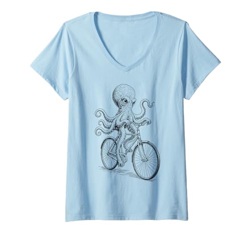 Damen Radfahren Fahrrad Octopus Tintenfisch Vintage Radfahrer Lustiges Tier T-Shirt mit V-Ausschnitt von Grandio Design Bicycle Cycling Cyclist Gifts