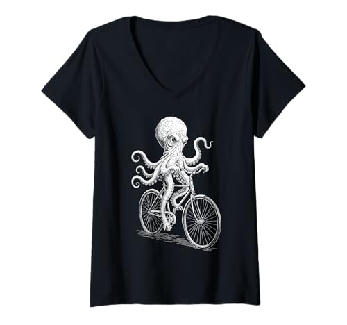 Damen Radfahren Fahrrad Octopus Tintenfisch Vintage Radfahrer Lustiges Tier T-Shirt mit V-Ausschnitt Damen Radfahren Fahrrad Octopus Tintenfisch Vintage Radfahrer Lustiges Tier T-Shirt mit V-Ausschnitt von Grandio Design Bicycle Cycling Cyclist Gifts